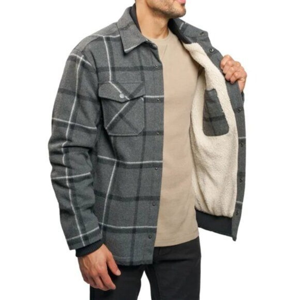 Jachs New York Mens Plaid Sherpa Lined Shirt Jacket Charcoal Grey Size M